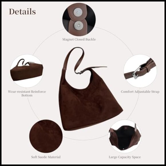 Suede Hobo Tote Bag Retro Slouchy Shoulder Crossbody Purse Large Capacity - Picture 5 of 7